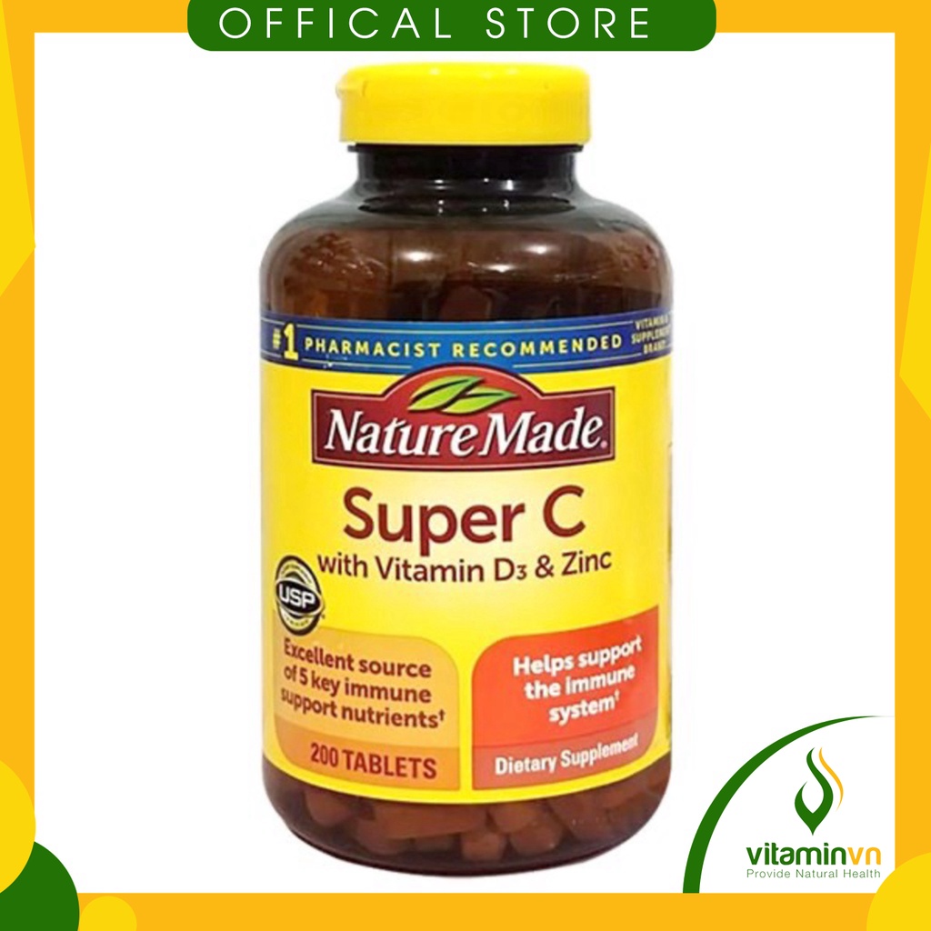 💎Viên uống tăng cường hệ miễn dịch SUPER C WITH VITAMIN D3 & ZINC chai 200v