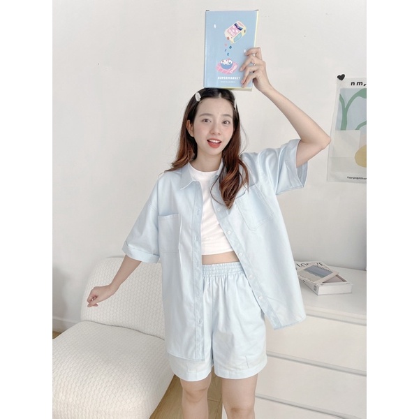AN492-Set sơ mi khaki tay ngắn có túi