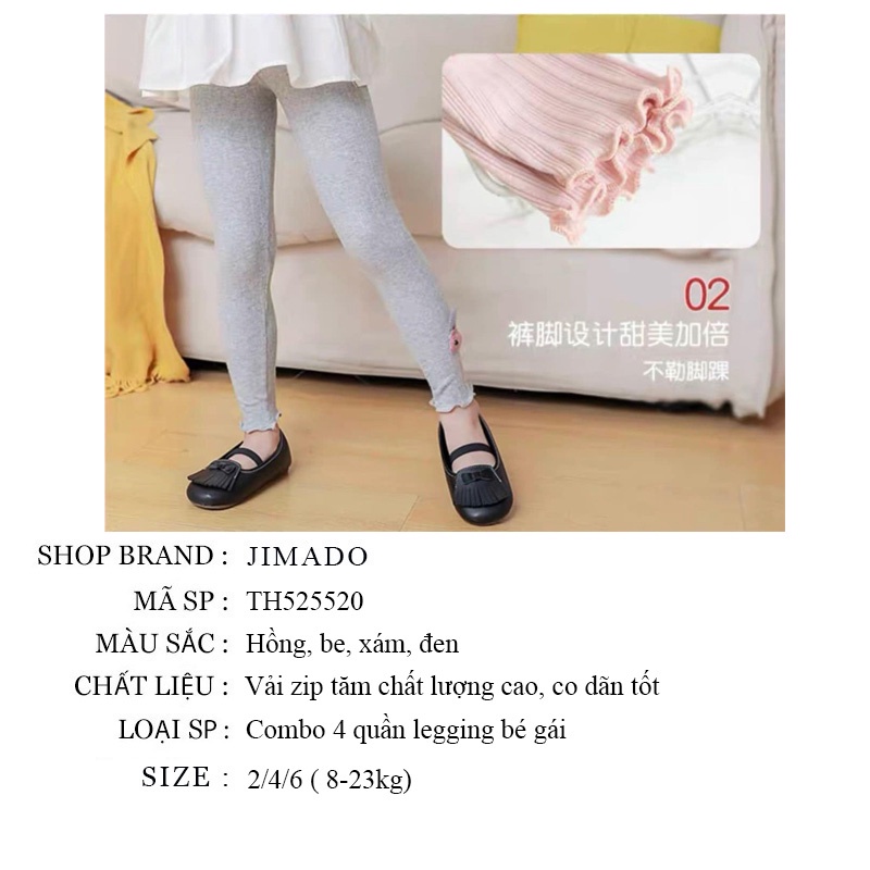 Quần legging bé gái size đại 8 tuổi co dãn 4 chiều thoải mái set 4 quần tăm dài gắn nơ thỏ cà rốt JIMADO TH525520