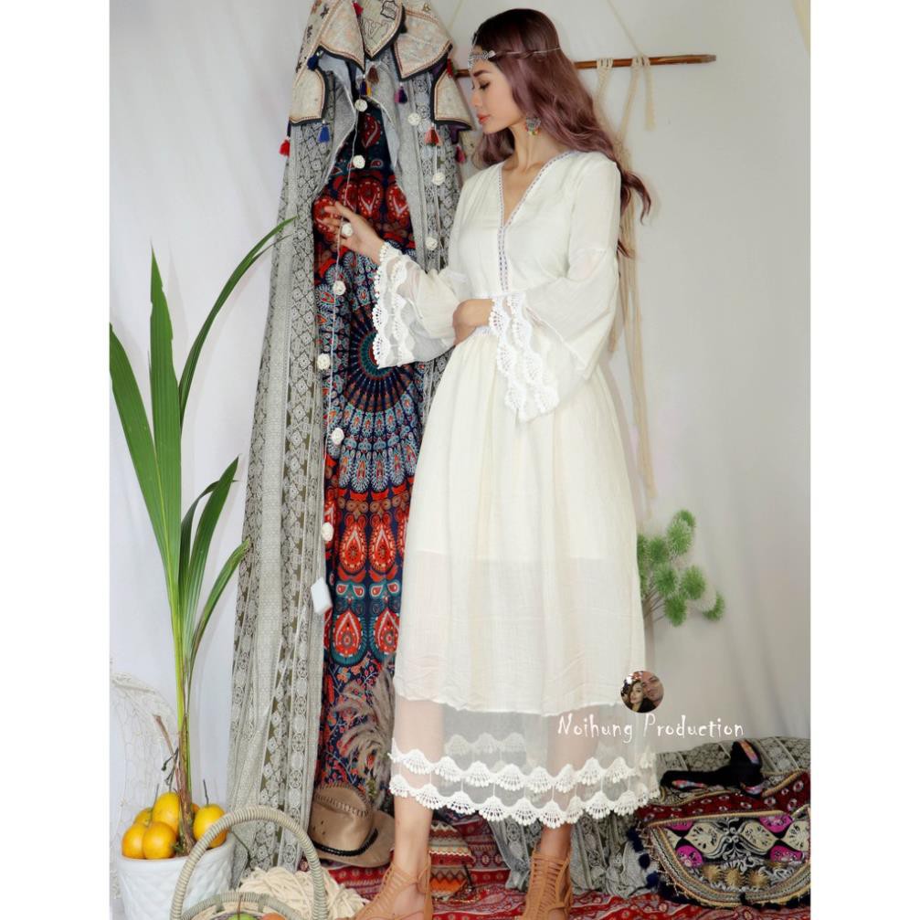 40-70KG Đầm Váy Bohemian maxi vintage trắng dáng xòe dài suông rộng đi biển đẹp xinh rẻ độc lạ tay lỡ bigsize  ྇