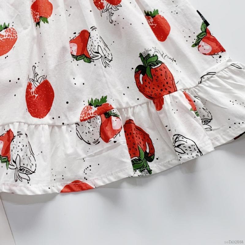 Đầm Tay Phồng Phối Nơ Họa Tiết Dâu Tây Đáng Yêu Cho Bé Gái