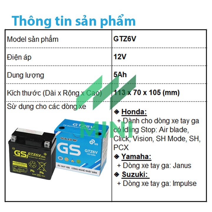 Bình ắc quy khô GS GTZ6V dành cho Honda, Yamaha, Suzuki ....