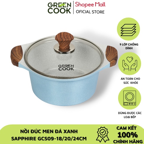 Nồi đúc đáy từ men đá xanh sapphire Green Cook GCS09 công nghệ Hàn Quốc với 9 lớp chống dính cao cấp - Hàng chính hãng