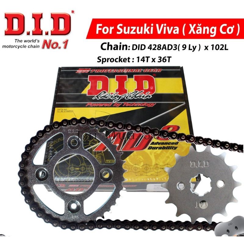 Nhông sên dĩa DID Suzuki Viva Xăng Cơ – Sên đen 9ly DID AD3 (Thái Lan)