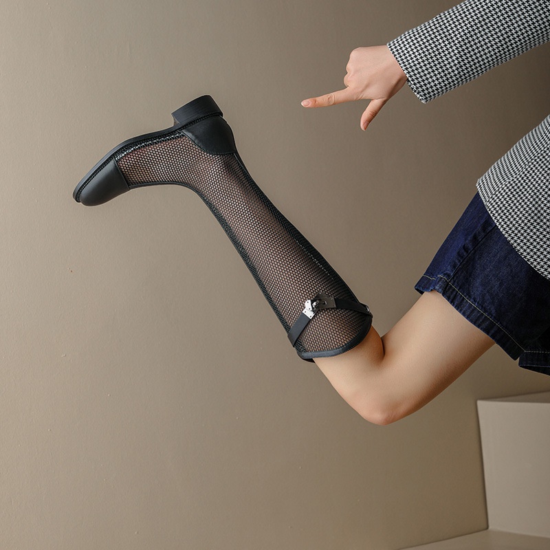 Giày Bốt Cao Gót Phối Lưới Mỏng Cổ Thấp Thoáng Khí Thời Trang Mùa Hè Cho Nữ