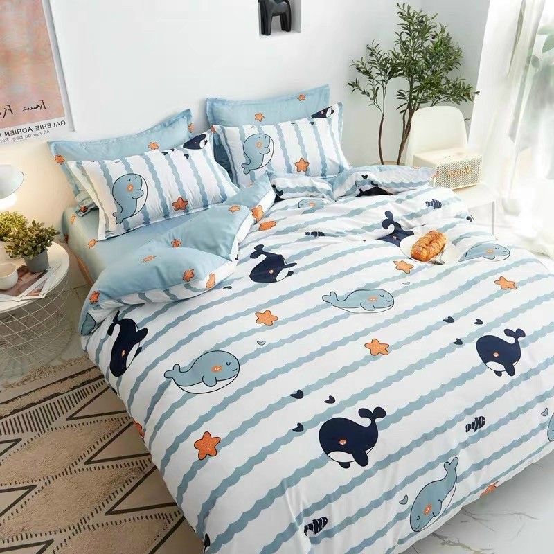 Bộ vỏ chăn ga gối cotton poly Lidaco decor phòng ngủ vintage - Cá Heo