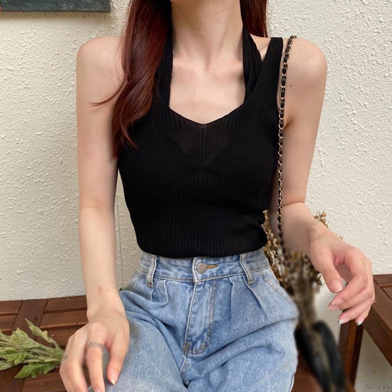 Áo Dệt Kim Hai Dây Màu Trơn Dáng Ôm Gợi Cảm Cho Nữ