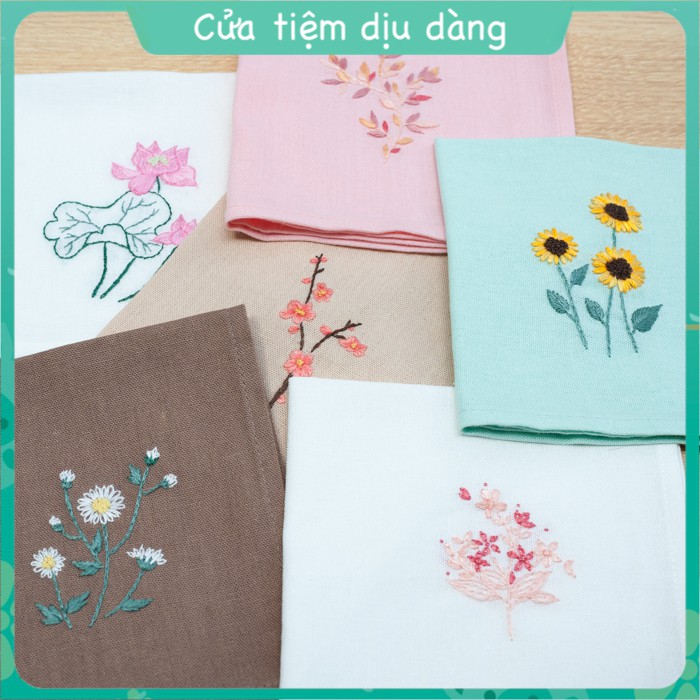 Bộ kit tập thêu khăn tay cho người mới bắt đầu - mẫu hoa lá Việt Nam (có bán khăn thêu sẵn)