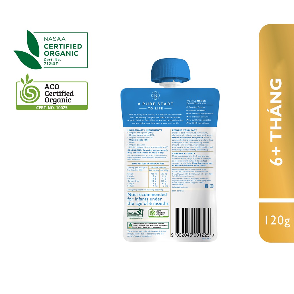 Hỗn Hợp Chuối, Táo, Yến Mạch Hữu Cơ Xay Nhuyễn Bellamy's Organic