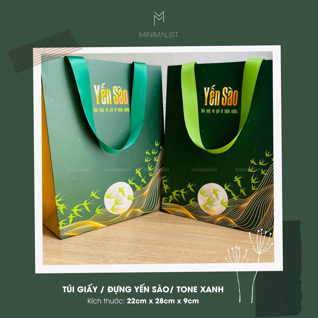 Set 10 cái - Túi giấy đựng hộp yến sào 50-100gr - KT: 22x28x9cm - Tone xanh lá - Quai ruy băng lụa satin cao cấp