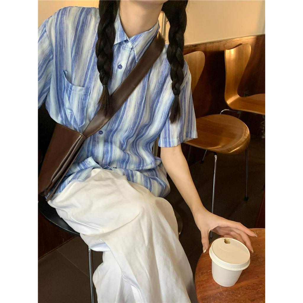 Lalisas Áo Sơ Mi Tay Ngắn Dáng Rộng Cổ polo Nhuộm Màu Nhuộm Phong Cách Hàn Quốc Thời Trang Cho Nữ