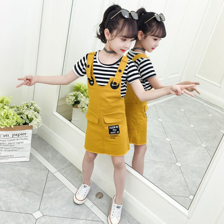 Set Áo Thun Tay Ngắn Chất Liệu Cotton Cao Cấp + Đầm Yếm Xinh Xắn Thời Trang Cho Bé Gái