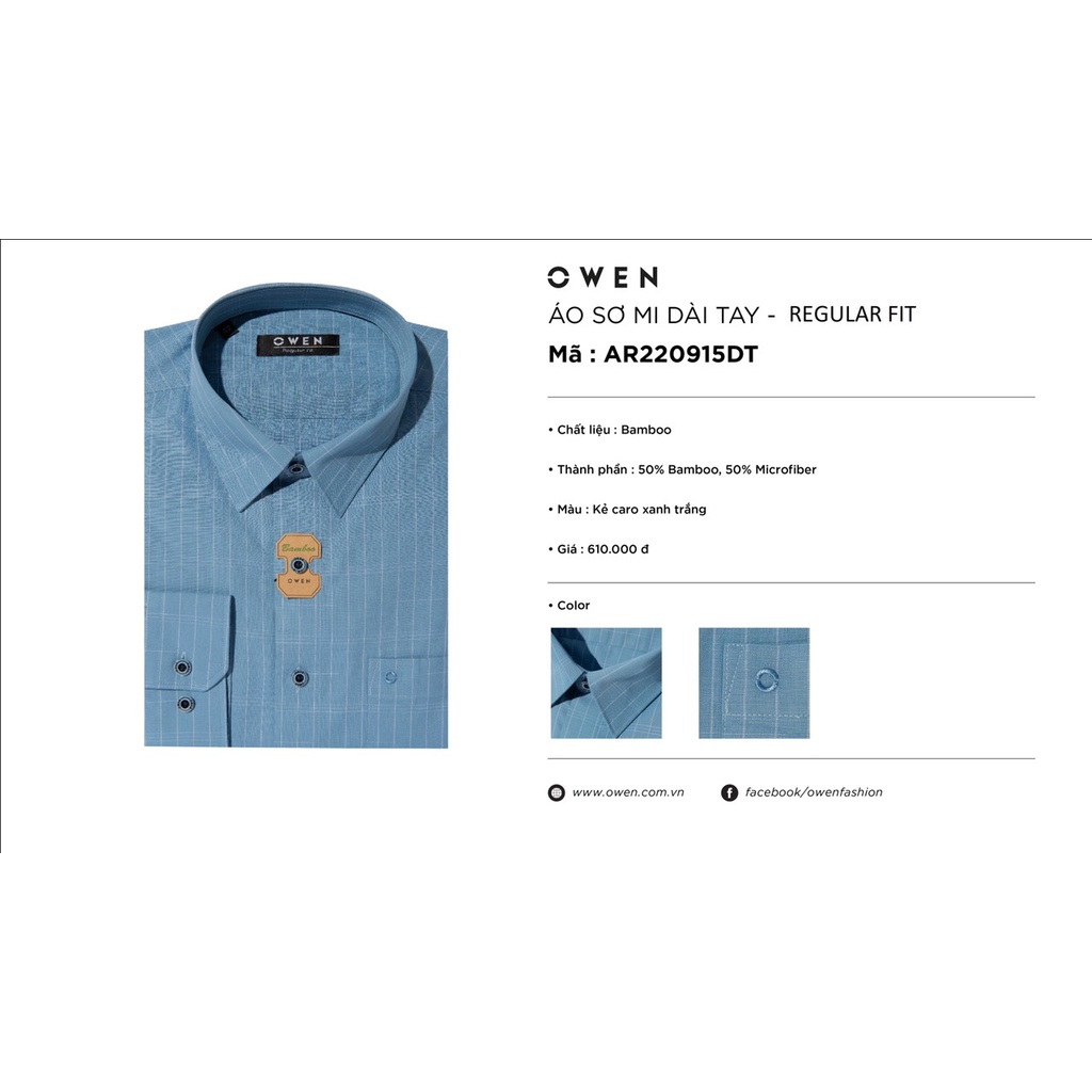Áo Sơ Mi Nam Dài Tay OWEN AR220915DT Somi Công Sở Vải Sợi Tre Cao Cấp Màu Kẻ Caro Xanh Trắng Dáng Suông Tà Lượn Có Túi
