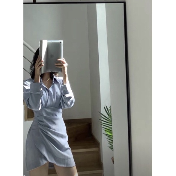 ĐẦM SƠ MI XANH VẠT CHÉO BÁNH BÈO