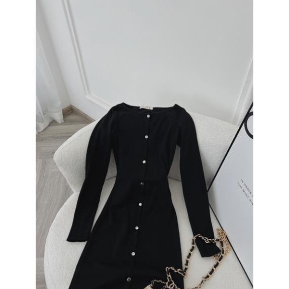 Đầm body đen tay dài hàng nút bạc