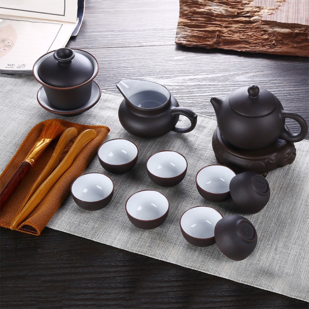 Chén tử sa cổ Nghi Hưng có nắp đậy và dĩa lót liễn trà tách trà chum trà tinh hoa trà đạo phụ kiện bàn trà