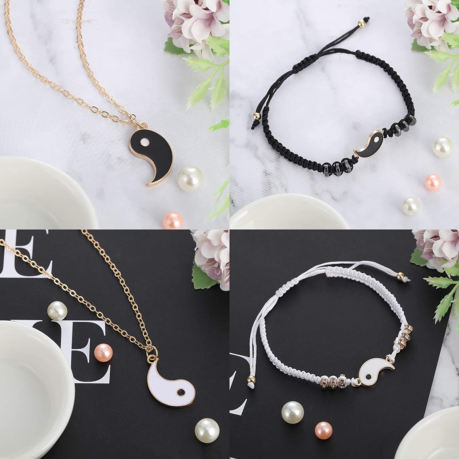 💎🌈（Luxury Silver）4Pcs Couple Necklace Bracelet Yin Yang Adjustable Pendant Bangle Jewelry for Girlfriend Valentine‘s Day Gifts