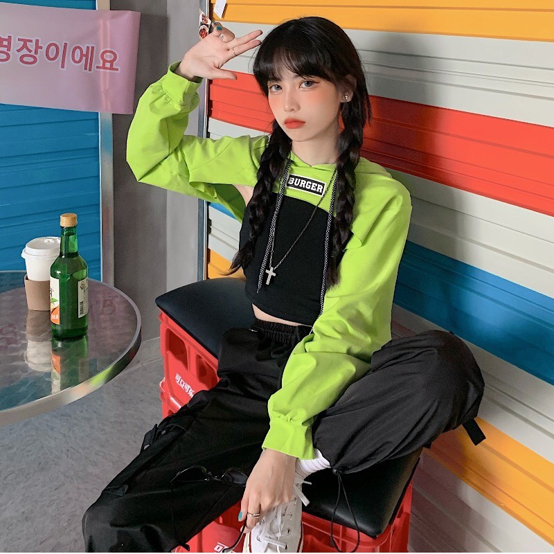 SET 2 MÓN Áo CROPTOP HOODIE BURGER Dài Tay Xanh Đen Xám mix Áo Body Đen Hot | BigBuy360 - bigbuy360.vn