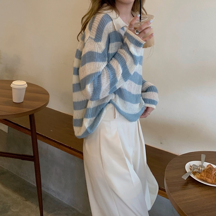 Áo Sweater Dệt Kim Tay Dài Dáng Rộng Cổ Polo Kẻ Sọc Dễ Phối Đồ Cho Nữ | BigBuy360 - bigbuy360.vn
