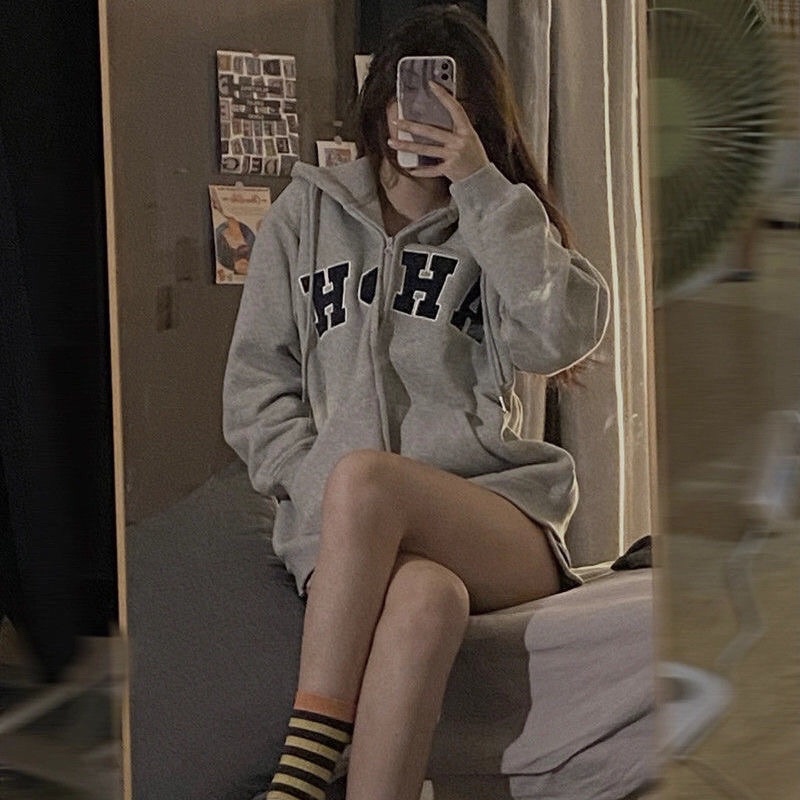 Áo khoác hoodie zip có mũ AHPH nỉ bông dáng rộng ulzzang