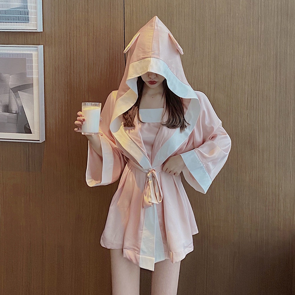 Set Đồ ngủ hai dây và áo choàng tay dài dáng rộng phong cách Hàn Quốc thời trang xuân hè cho nữ
