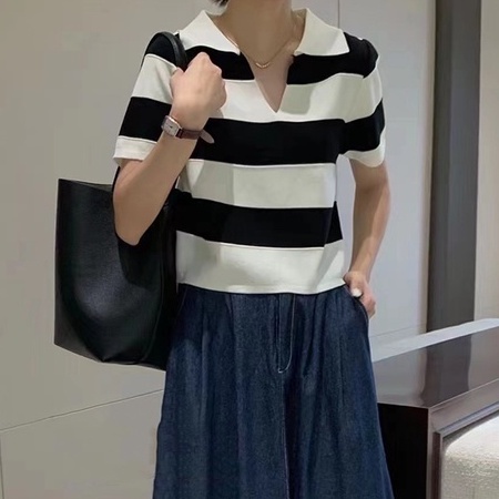 Áo thun polo ZHELIHANGFEI dệt kim tay ngắn kẻ sọc dễ phối đồ sành điệu