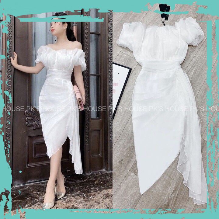 🌺 Váy Thiết Kế Ôm Trắng Trễ Vai V1709, Đầm Thiết Kế Vạt Chéo Tơ Nhật Cao Cấp l🥰 FREESHIP