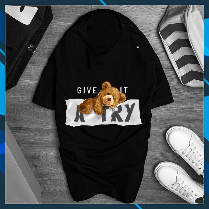 Áo thun tay lỡ form rộng màu đen unisex Freesize in hình Gấu Teddy Nhiều hình khác nhau