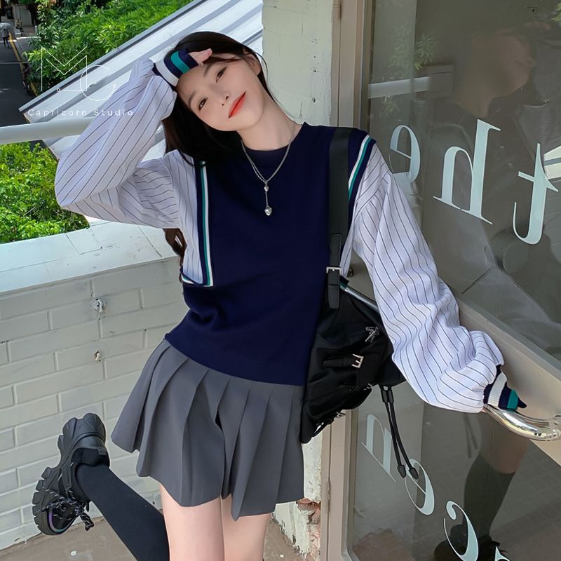 Áo sweater giả áo gile và tay sơmi độc đáo phong cách Hàn Quốc Ulzzang