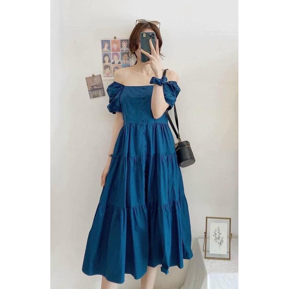 Váy Xanh Dáng Baby Doll Cúc Bọc Kèm Dây Buộc Tóc