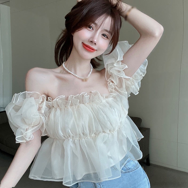 Áo Tay Phồng Ngắn Cổ Vuông Thoáng Khí Thời Trang Cho Nữ