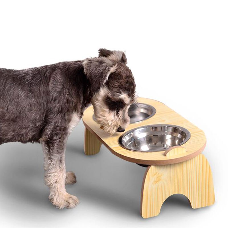 Bát Đựng Thức Ăn Nước Uống Bằng Thép Không Gỉ Khung Gỗ Nghiêng Bảo Vệ Góc Cho Mèo Cưng