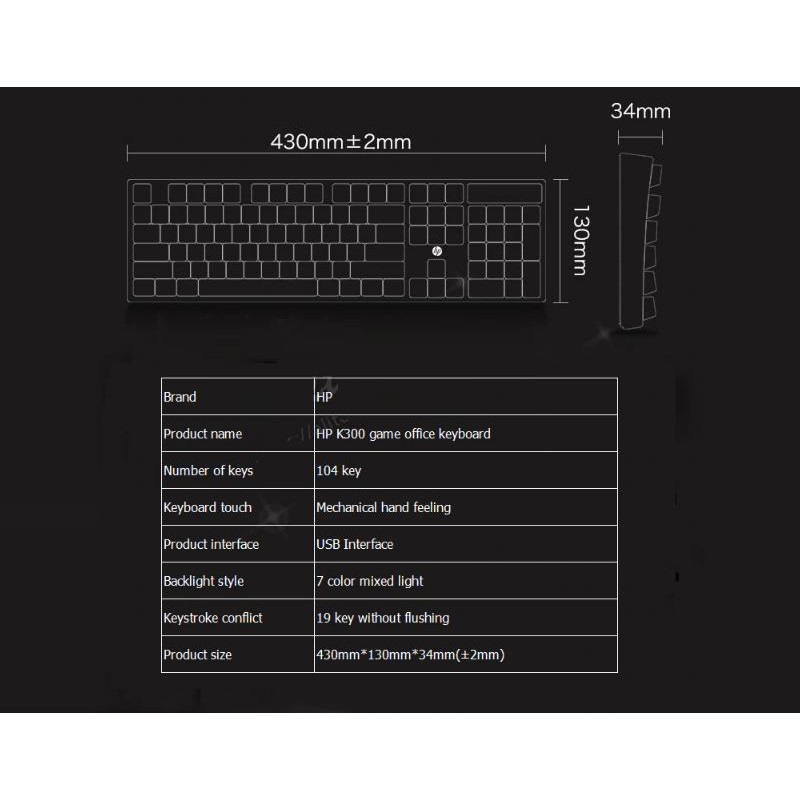 Bàn phím giả cơ HP K300 led đa màu, phím cao chống nước, bấm cực êm (Đen)