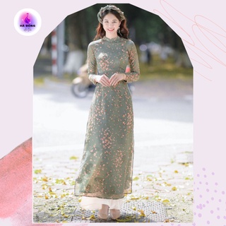 Áo dài hoa nhí xanh rêu 4 tà