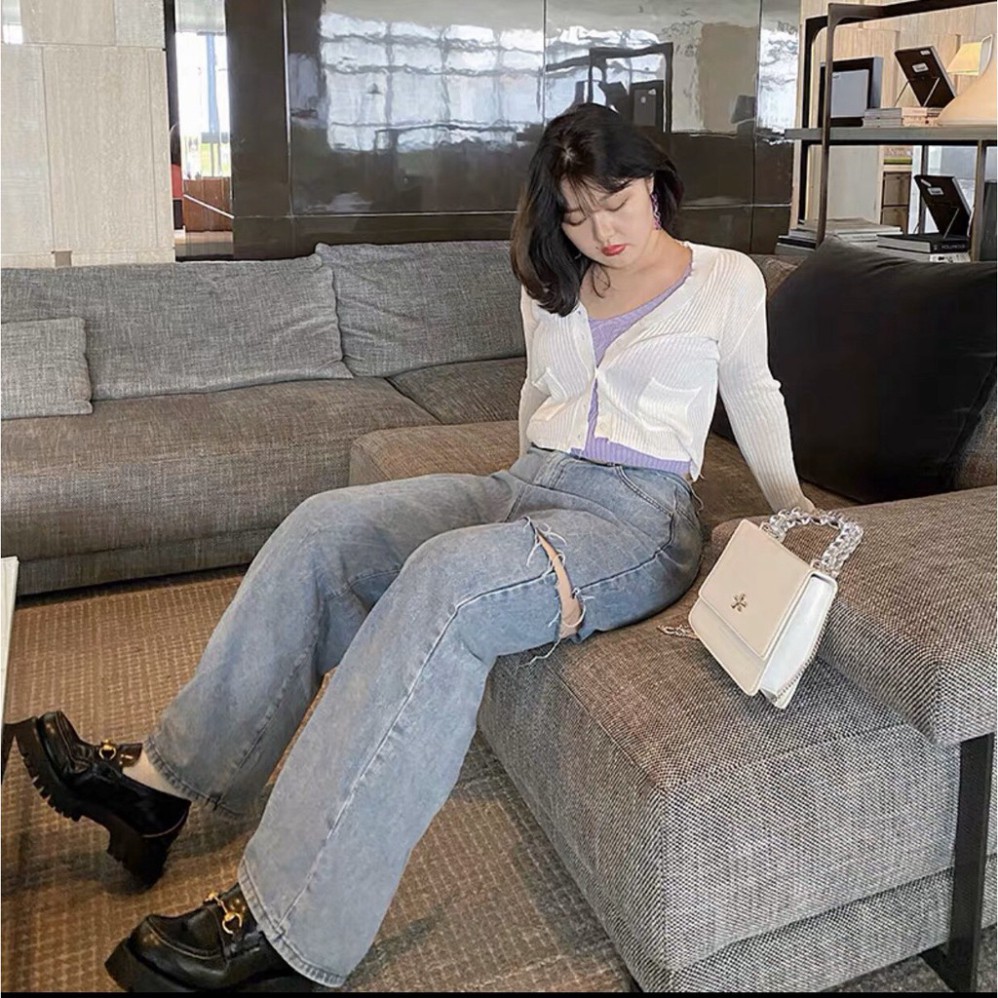 Quần jean ống rộng dài bigsize lưng cao Ulzzang rách hông