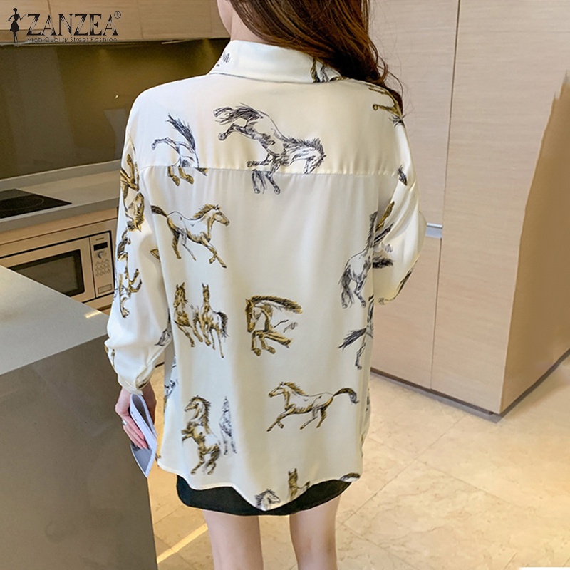 Áo sơ mi nữ ZANZEA tay dài cổ trễ in họa tiết độc đác phong cách Hàn Quốc