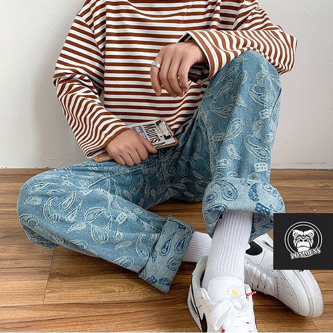 Quần jean nam nữ ống rộng xanh hoa văn - quần jean ống suông baggy nam đẹp 2021 | BigBuy360 - bigbuy360.vn
