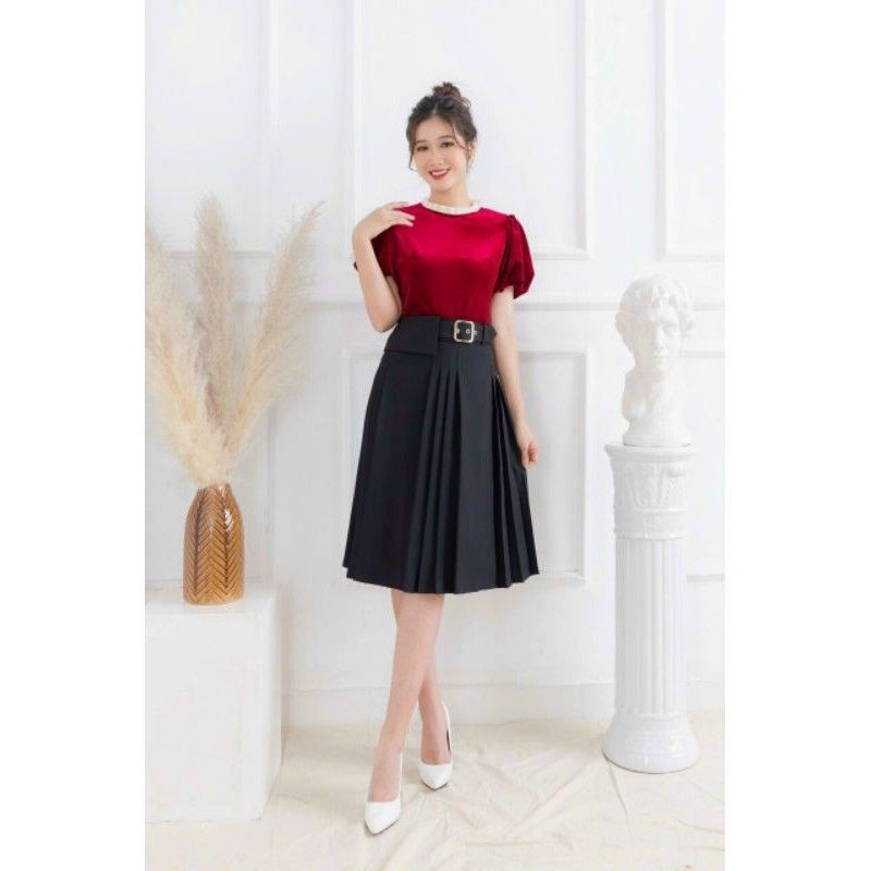 Chân váy xòe xếp ly công sở kèm đai cạp cao cách điệu cao cấp | BigBuy360 - bigbuy360.vn