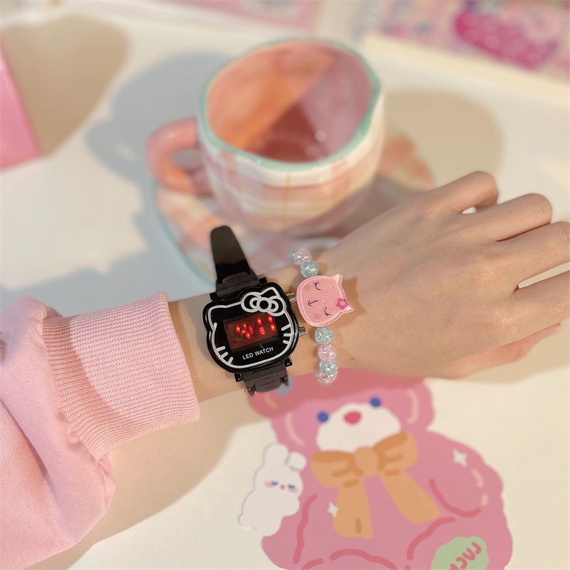 Đồng Hồ Đeo Tay Có Đèn LED Họa Tiết Hello Kitty Dễ Thương Phong Cách Nhật Hàn Cho Bé