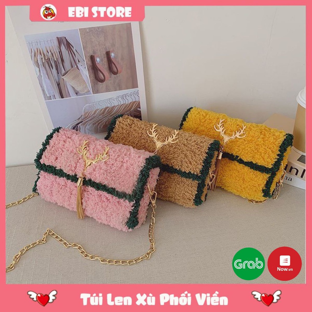 [Có Video HD] Túi Tự Đan Len Xù Phối Viền Mác Hươu ❤️ Ebi Store - Freeship ❤️ Set phụ kiện đầy đủ làm túi Handmade Nữ ❤️