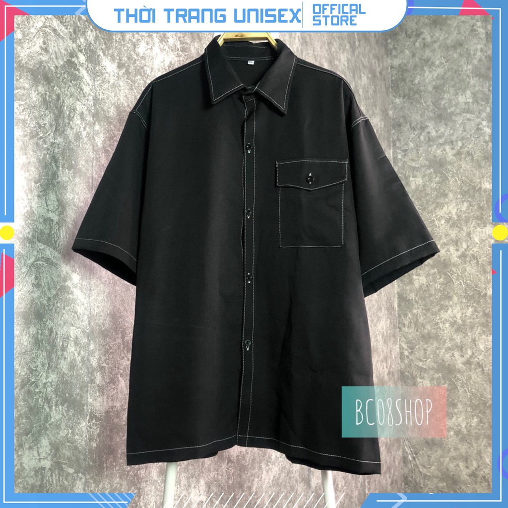 💥  Áo Sơ Mi Nam Tay Lỡ Viền Chỉ Nổi Phong Cách Unisex 2 màu Đen Trắng 🔥 🔥🔥