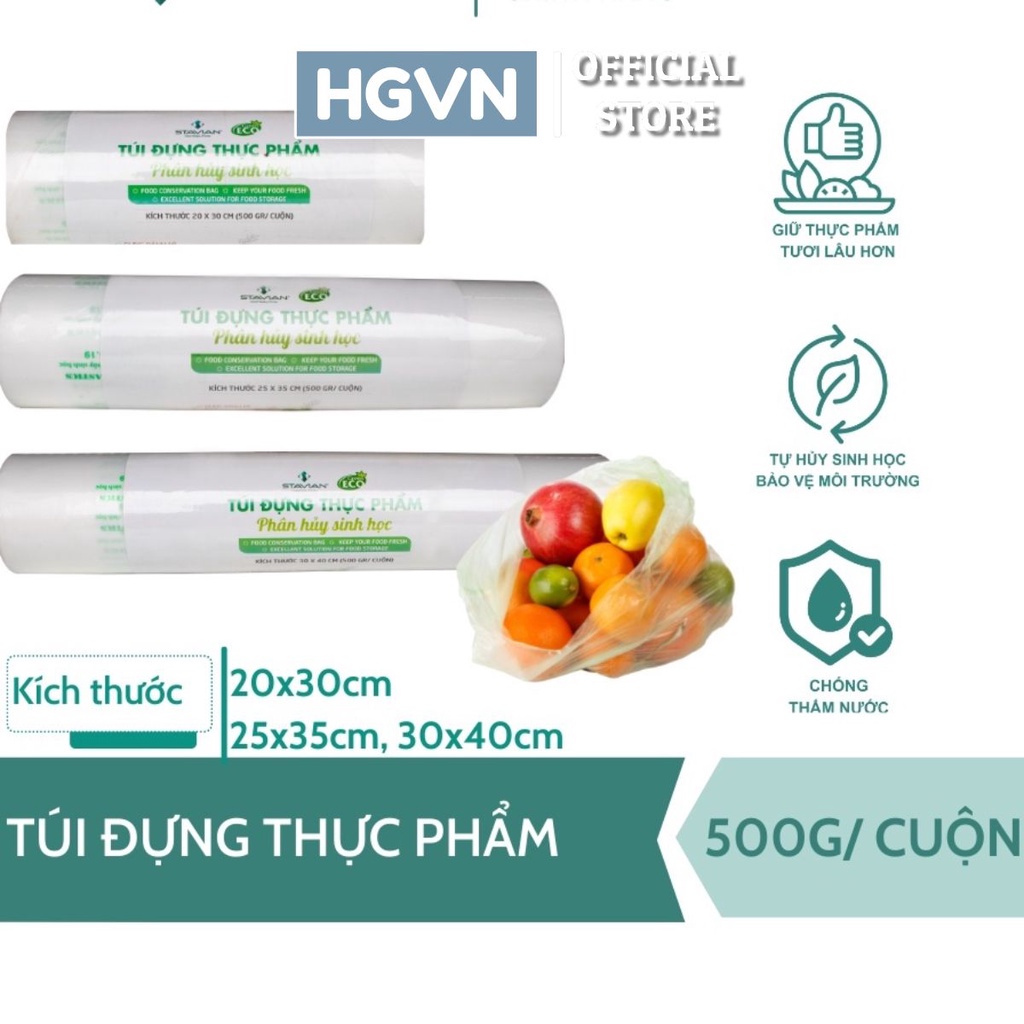 Túi Đựng Thực Phẩm HGVN Tự Phân Huỷ Sinh Học Green ECO Cuộn 500g Chính Hãng