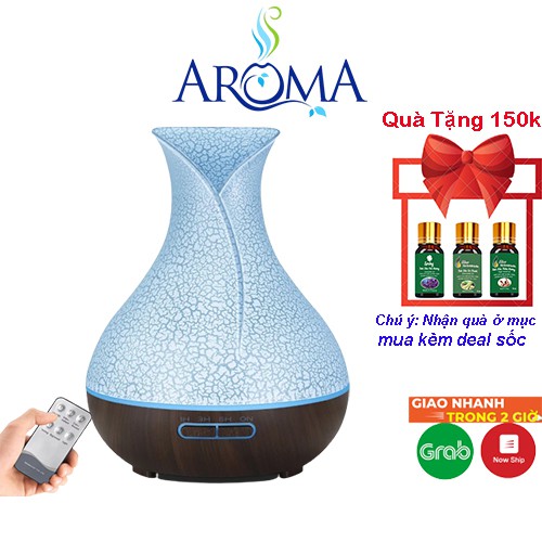 Máy Xông Tinh Dầu Bình Hoa Tuylip Vân Rạn (Mẫu Mới Nhất) Dung Tích 550ml Có Hẹn Giờ, Tự ngắt Khi Hết Nước, Kèm Remote