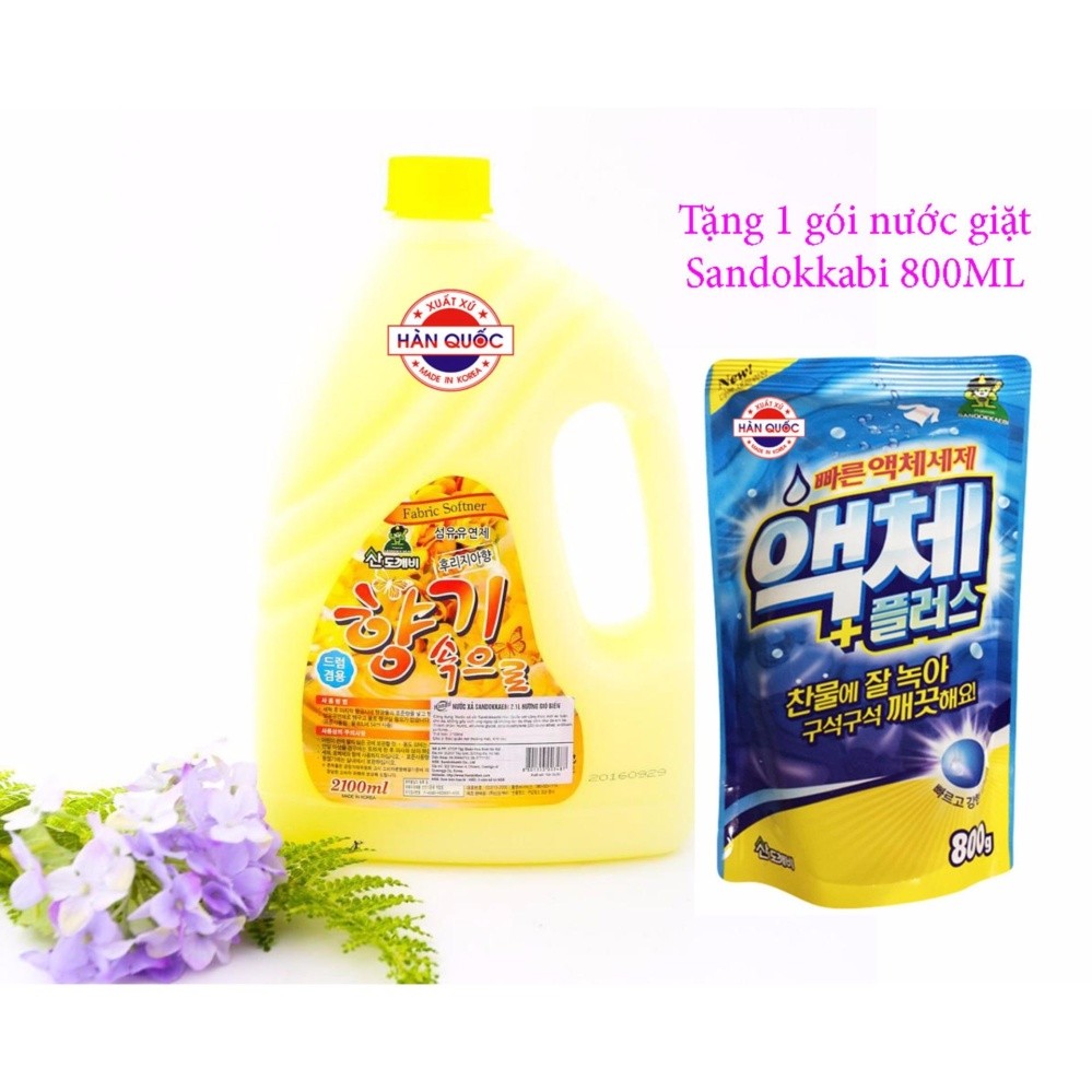 Combo Nước xả làm mêm vải 2100ml Vàng và Gói Nước giặt 800ml Sandokkaebi TI823