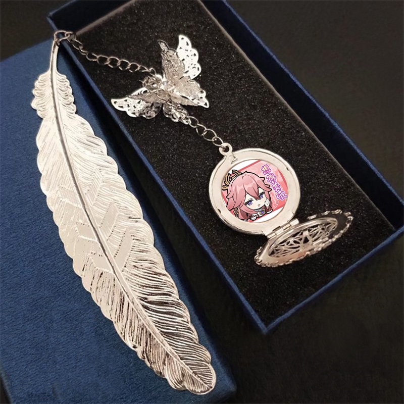 ( không kèm hộp ) Bookmark nhân vật GENSHIN IMPACT ver CHỮ NHẬT anime chibi lông vũ gắn điệp lá kim loại mỏng