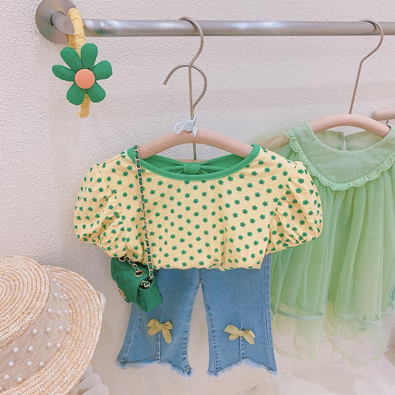 Áo Thun Tay Phồng Ngắn Thắt Nơ Lưng Màu Vàng Tương Phản Phong Cách Hàn Quốc Dành Cho Bé Gái