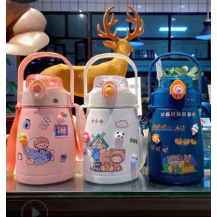 bình giữ nhiệt cute có ống hút, inox 304 không rỉ an toàn Sticker Tặng Kèm Cute