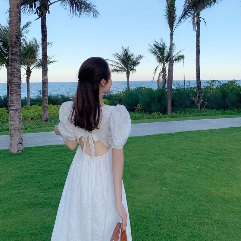 Váy đầm maxi hở lưng thắt nơ dáng dài xoè cổ vuông tiểu thư vintage đi chơi đi biển du lịch