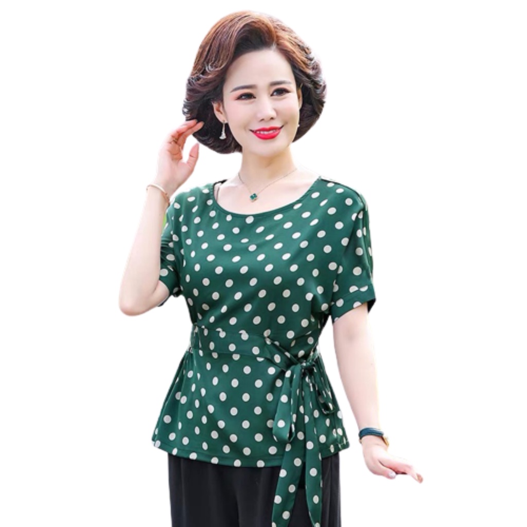 Áo kiểu nữ trung niên sang trọng Thiên Tú , họa tiết chấm bi nhỏ chất voan mát mẻ thanh lịch tinh tế