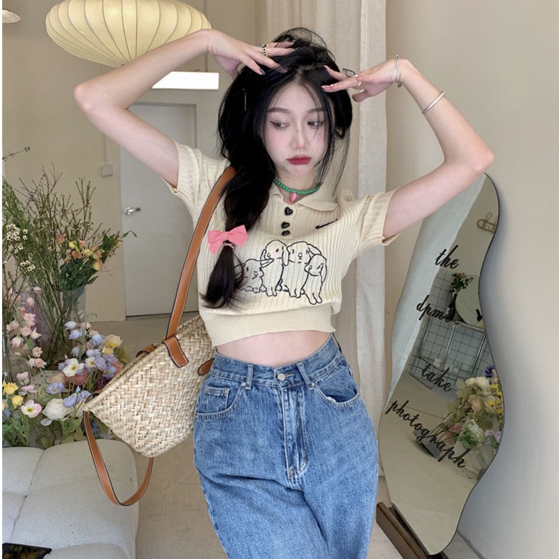 Áo polo Pure Cube dệt kim tay ngắn dáng ôm thêu hình thỏ thời trang mùa hè cho nữ